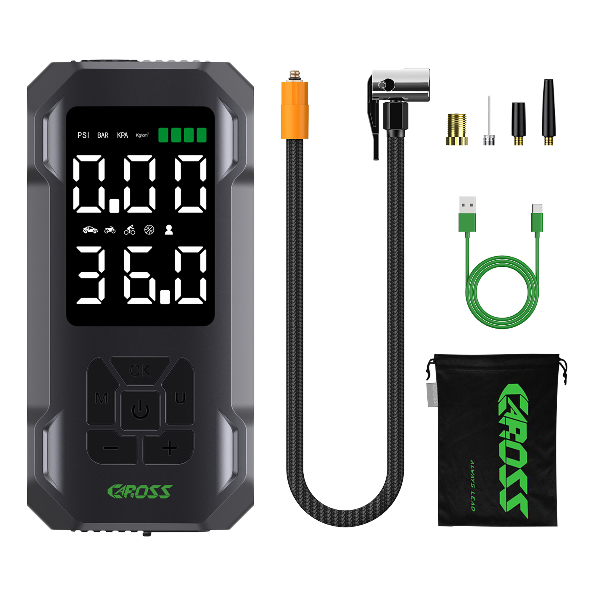 CAROSS Q15 Combo 150-PSI Portable Air Compressor and 7,500-mAh Portable Power Bank with Digital Display, LED Light, Adapter Nozzles, and Cloth Bag